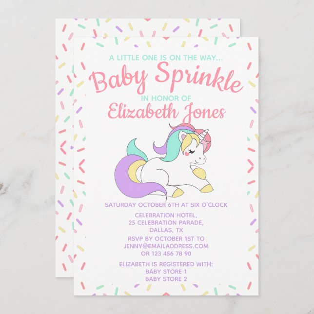 Pastel Unicorn Baby Sprinkle Einladung (Vorne/Hinten)