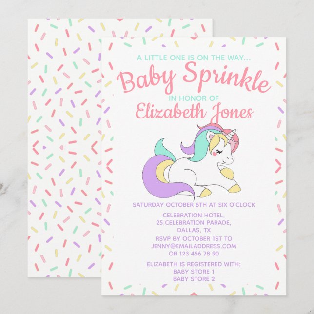 Pastel Unicorn Baby Sprinkle Invitation (Devant / Derrière)