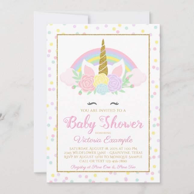 Pastel Unicorn Rainbow Baby Girl Shower Invitation (Devant)