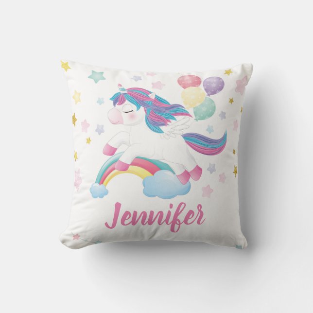 Pastel Unicorn Rainbow Personalisiert Name Kissen (Vorderseite)