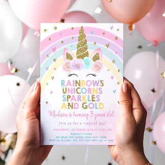 Pastel Unicorn Rainbow Sparkles Birthday Einladung