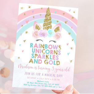 Pastel Unicorn Regenbogen Party Einhorn 5 Jahre ei Einladung