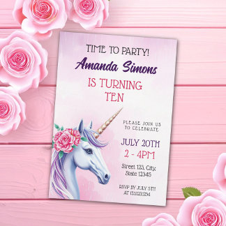 Pastel Unicorn Rose Floral Girl Tenth Birthday Einladung