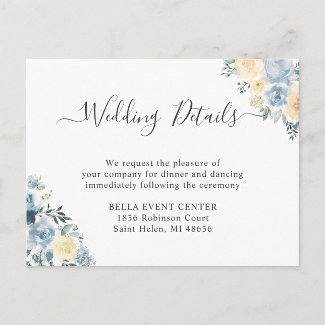 Pastel Vanilla Blue Floral Wedding Details Card Einladungspostkarte (Vorderseite)