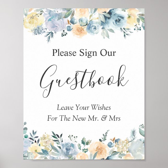 Pastel Vanilla Blue Floral Wedding Gästebuchunters Poster (Vorne)