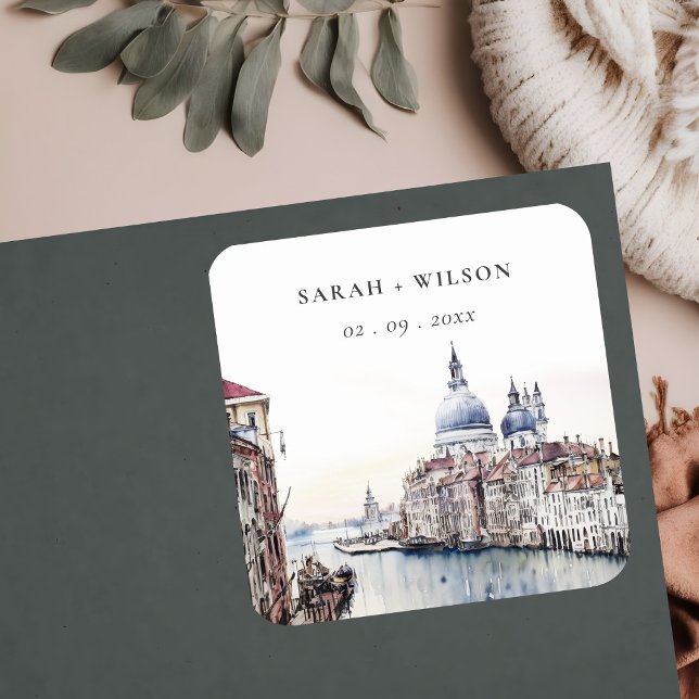 Pastel Venice Italy Canals Watercolor Wedding Quadratischer Aufkleber (Von Creator hochgeladen)