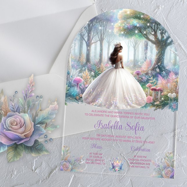 Pastel verzauberter Wald Quinceañera Acryleinladungen (Enchanted forest acrylic Quinceanera invitation, any occasion, simply add your event details.)