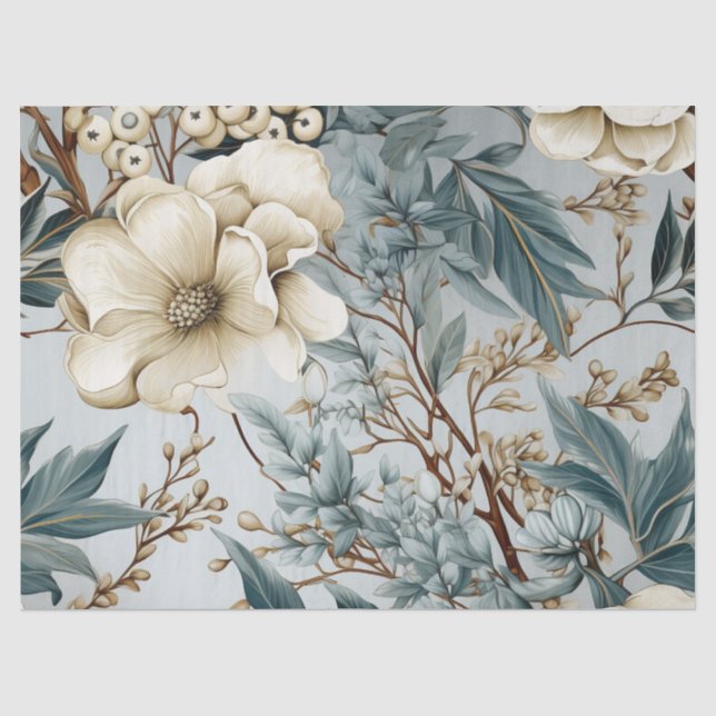 Pastel Vintag Inspiriert Winter Blue Floral Seidenpapier (Vorderseite)
