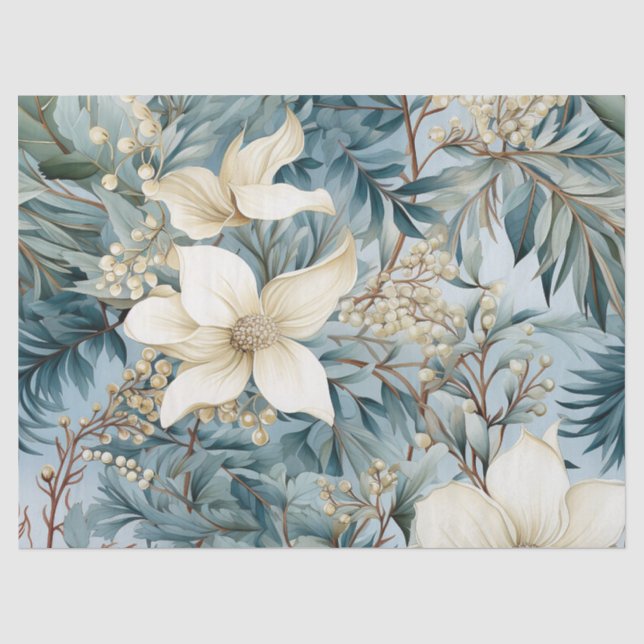 Pastel Vintag Inspiriert Winter Blue Floral Seidenpapier (Vorderseite)