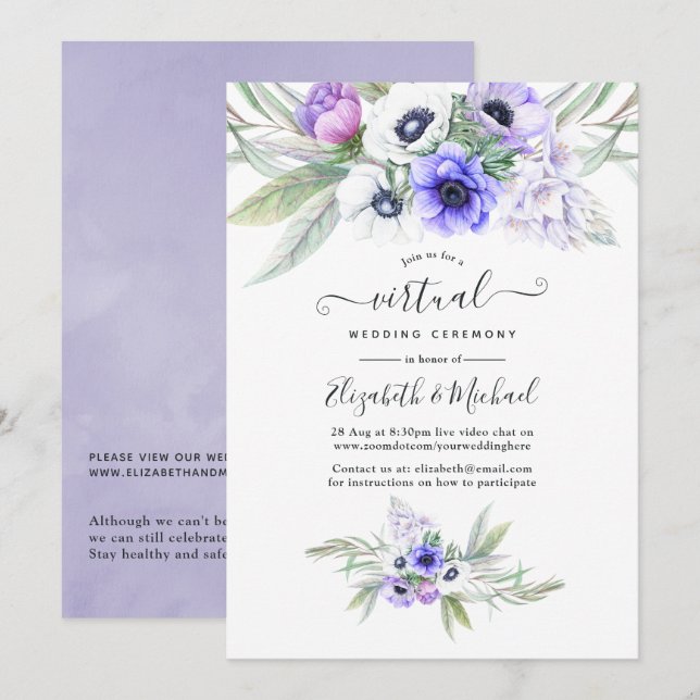 Pastel Violet Floral Online Virtual Wedding Einladung (Vorne/Hinten)