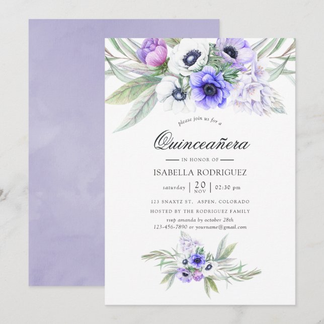 Pastel Violet Floral Quinceañera Einladung (Vorne/Hinten)