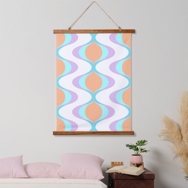 Pastel Violet Orange Aqua Blue Ogee White Waves Wandteppich Mit Holzrahmen (Schlafzimmer)