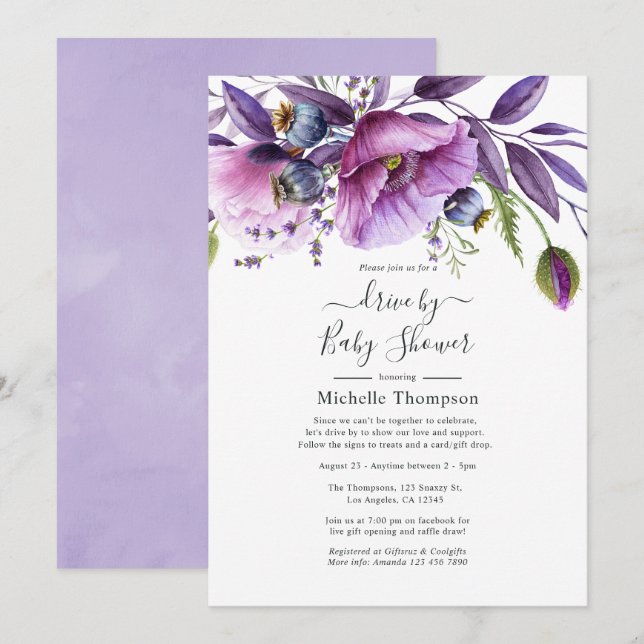 Pastel Violet Poppy Floral Drive by Dusche Einladung (Vorne/Hinten)