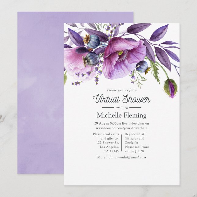 Pastel Violet Poppy Floral Virtual Baby Dusche Einladung (Vorne/Hinten)