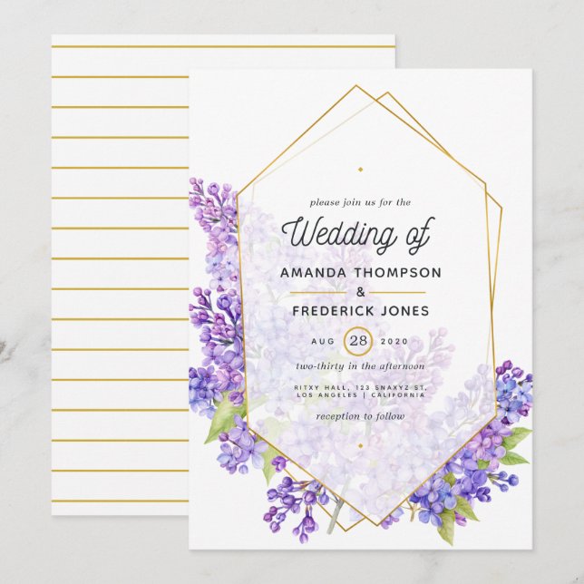 Pastel Violet und Gold Geometric Herbarium Hochzei Einladung (Vorne/Hinten)