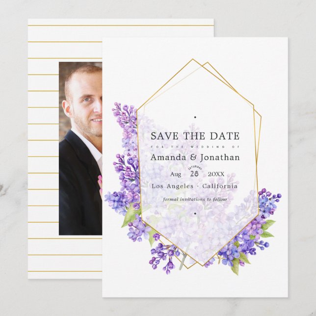 Pastel Violet und Gold Geometric Herbarium Hochzei Save The Date (Vorne/Hinten)