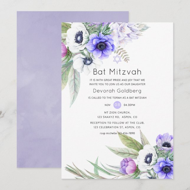 Pastel Violet und Plum Floral Bat Mitzvah Einladung (Vorne/Hinten)