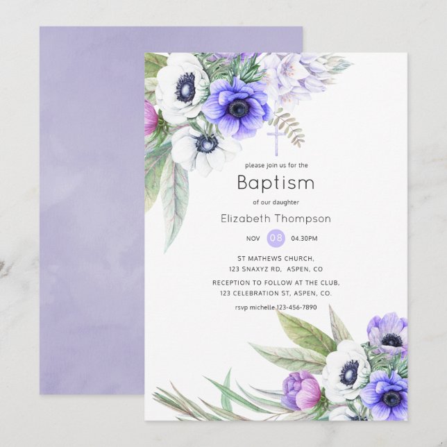 Pastel Violet und Plum Floral Taufe Einladung (Vorne/Hinten)
