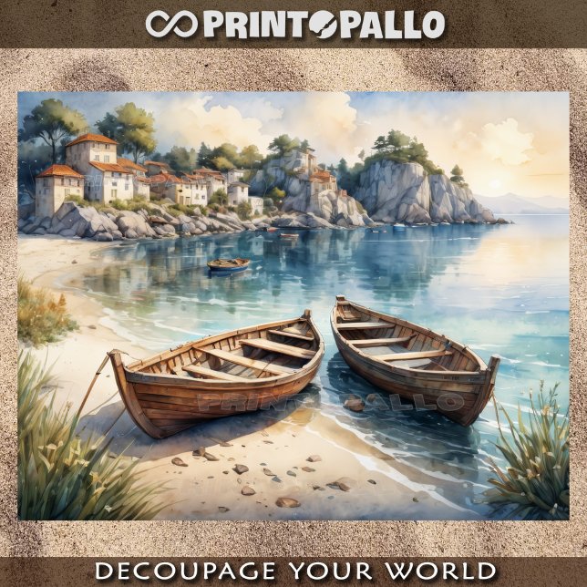 Pastel von 2 Ruderbooten am Ufer in Küstensicht Seidenpapier (Von Creator hochgeladen)