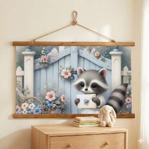 Pastel-Waschbär-Briefgarten Wandteppich Mit Holzrahmen
