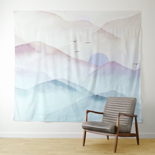 Pastel Watercolor Berge Landschaft Tapisserie Wandteppich (Beispiel (Horizontal))