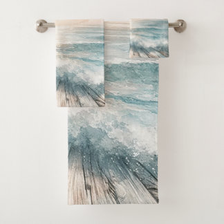 Pastel Watercolor Blue Beach Ocean Waves Wood Badhandtuch Set