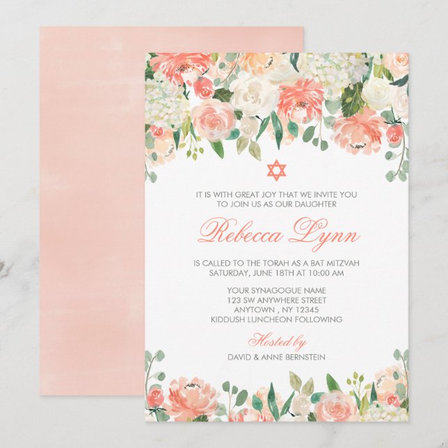 Pastel Watercolor Blume Bat Mitzvah Einladungen (Vorne/Hinten)