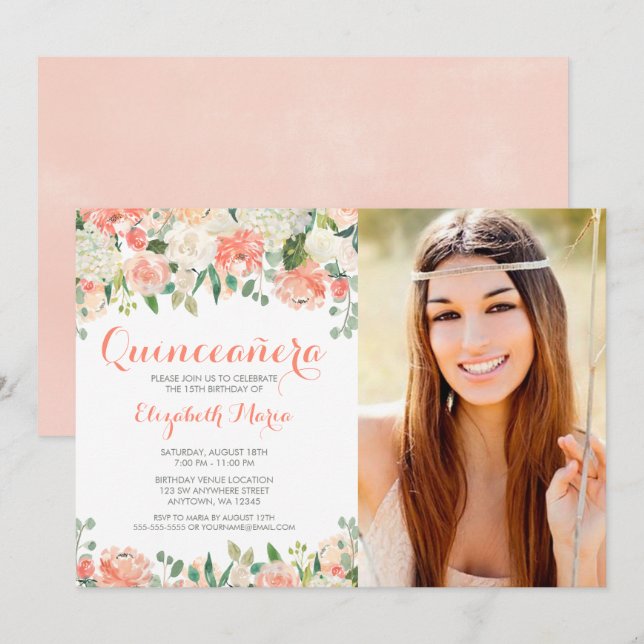 Pastel Watercolor Blume Quinceañera Foto Einladung (Vorne/Hinten)