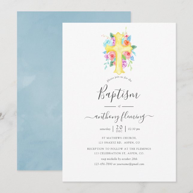 Pastel Watercolor Blumenjungen Taufe/Christening Einladung (Vorne/Hinten)