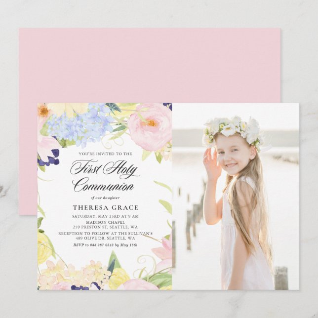 Pastel Watercolor Blumenrahmen erste Kommune Einladung (Vorne/Hinten)