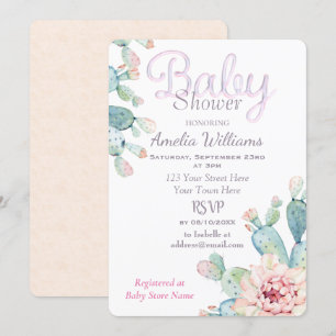 Pastel Watercolor Cactus Pink Babydusche Einladung