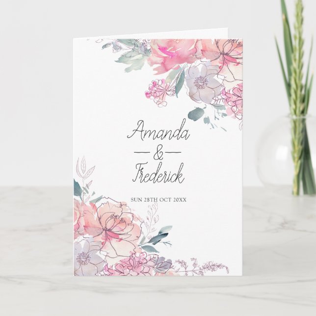 Pastel Watercolor Doodle Floral Wedding Programm (Vorderseite)