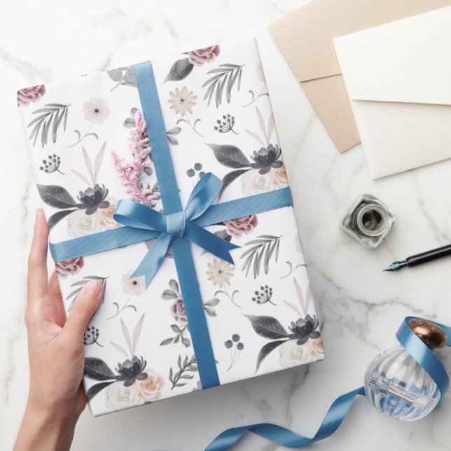 Pastel Watercolor Farbige Rose Grau Blätter Geschenkpapier (Schenken)