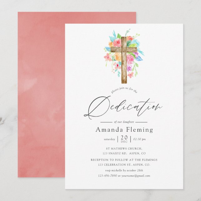 Pastel Watercolor Floral Baby Dedication Einladung (Vorne/Hinten)