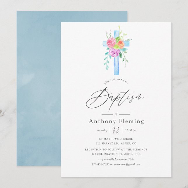 Pastel Watercolor Floral Boy Taufe Einladung (Vorne/Hinten)