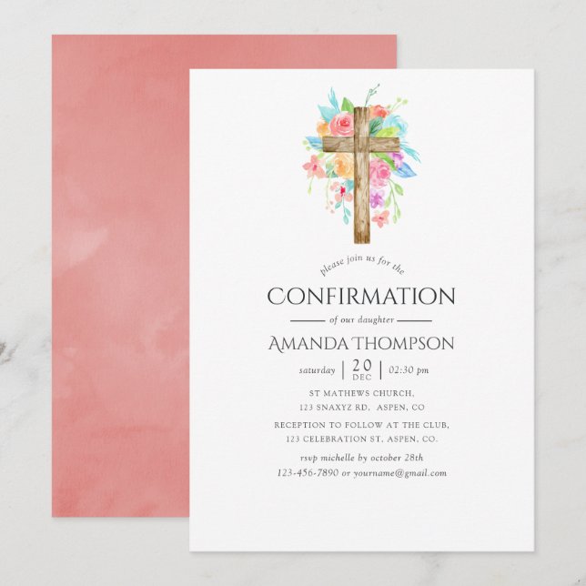 Pastel Watercolor Floral Confirmation Einladung (Vorne/Hinten)