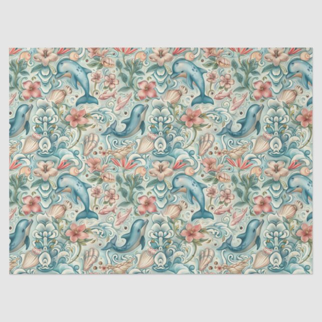Pastel Watercolor Floral Dolphins Decoupage Seidenpapier (Vorderseite)