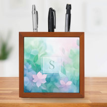 Pastel Watercolor Floral Monogram Desk Organizer