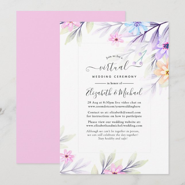Pastel Watercolor Floral Online Virtual Wedding Einladung (Vorne/Hinten)