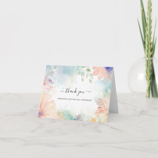 Pastel Watercolor Floral Wedding Danke Karte (Vorderseite)