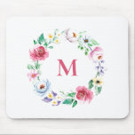 Pastel Watercolor Frühlingsblumen Wreath Monogramm Mousepad<br><div class="desc">Blumenmousepad im Frühling. Es ist mit einem Aquarellkranz aus blau,  rot,  rosa und lila Blumen ausgestattet. Anpassen durch Hinzufügen eines Monogramms. Dieses blumenkranke Monogramm-Mousepad ist ein personalisiertes Geschenk.</div>