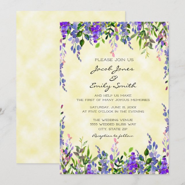 Pastel Watercolor Lavender Yellow Wedite Einladung (Vorne/Hinten)