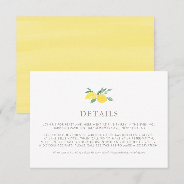 Pastel Watercolor Lemon Sommer Hochzeiten Details Begleitkarte (Vorne/Hinten)