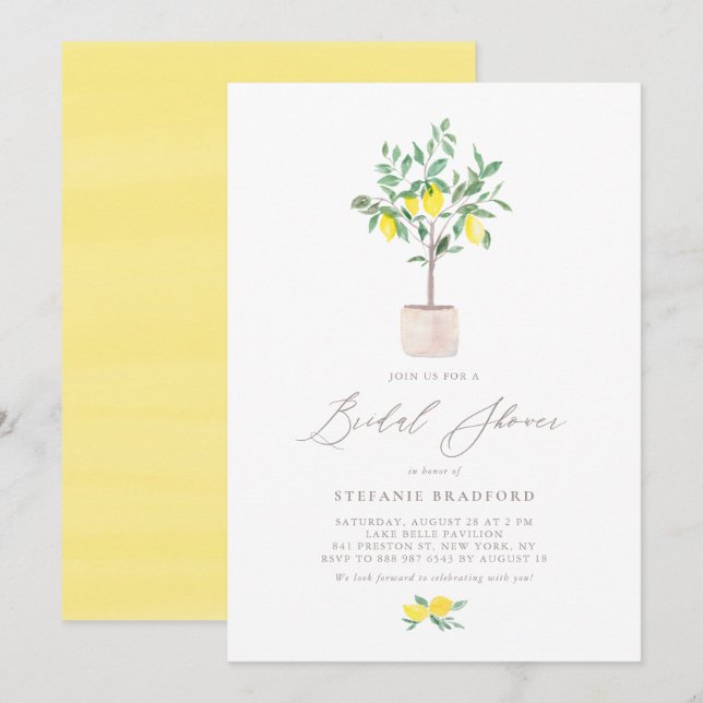 Pastel Watercolor Lemon Tree Summer Brautparty Einladung (Vorne/Hinten)