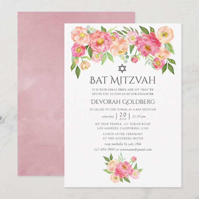 Pastel Watercolor Peonies Bat Mitzvah Einladung (Vorne/Hinten)