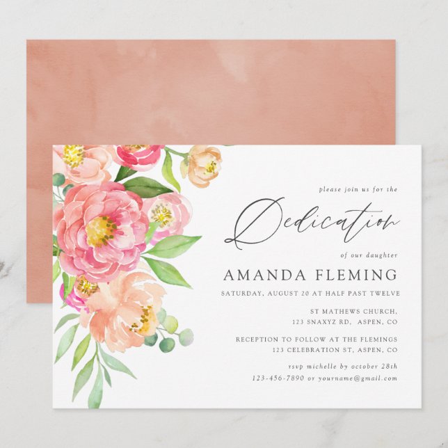 Pastel Watercolor Peonies Taufe oder Weihnachten Einladung (Vorne/Hinten)