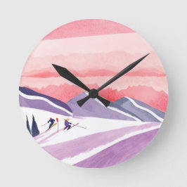 Pastel Watercolor Ski Mountain Sunset Runde Wanduhr