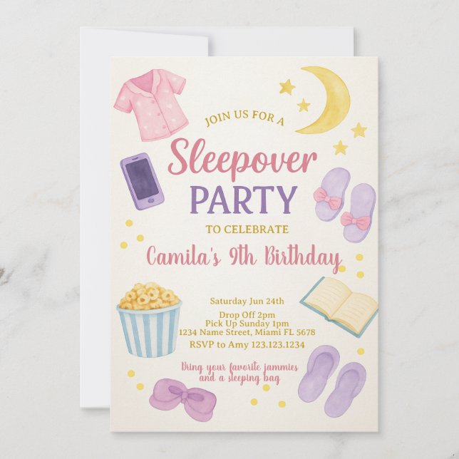 Pastel Watercolor Sleepover Invitation Anniversair (Devant)