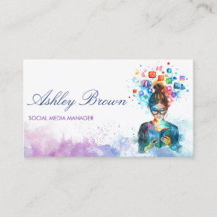 Pastel Watercolor Social Media Manager Blogger Visitenkarte