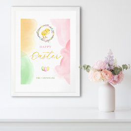 Pastel Watercolor Splashes And Chick Happy Easter Poster